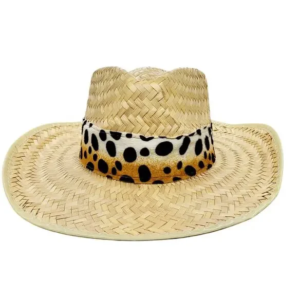 Western Leopard Animal Print Wide Brim Straw Cowgirl Hat Unbranded - Picture 1 of 8